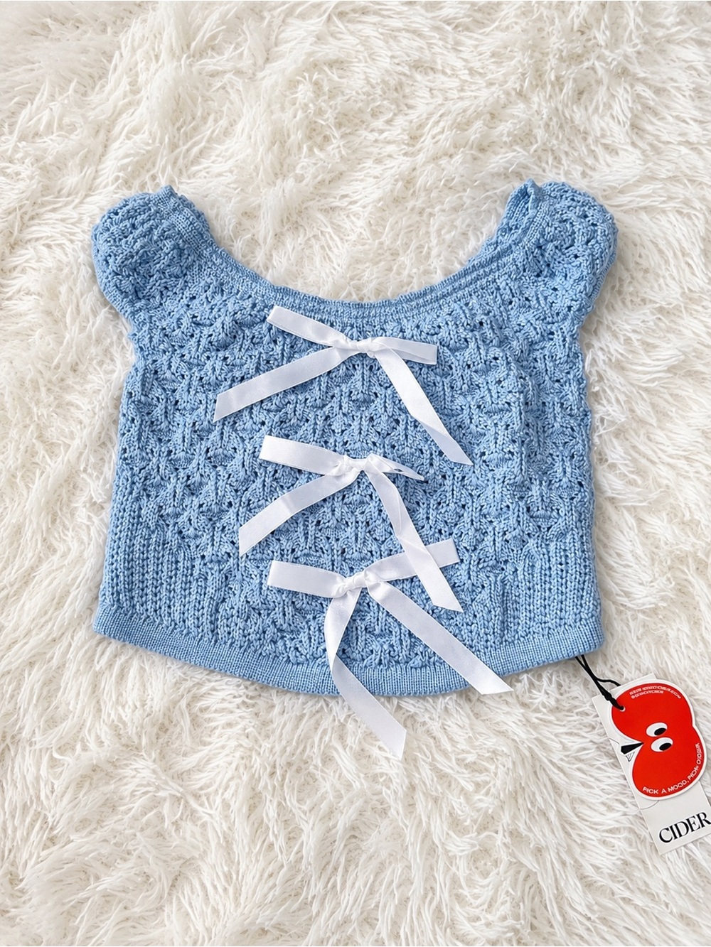 Cider Blue Crochet Off Shoulder Bow Front Cottagecore Crop Top Medium NWT - Picture 4 of 5